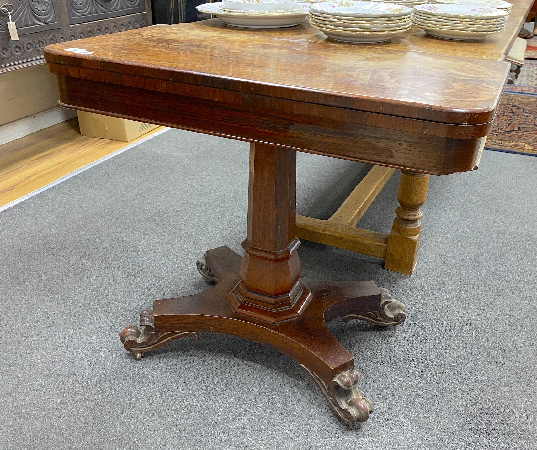 A Victorian rosewood folding card table, width 88cm, depth 45cm, height 78cm